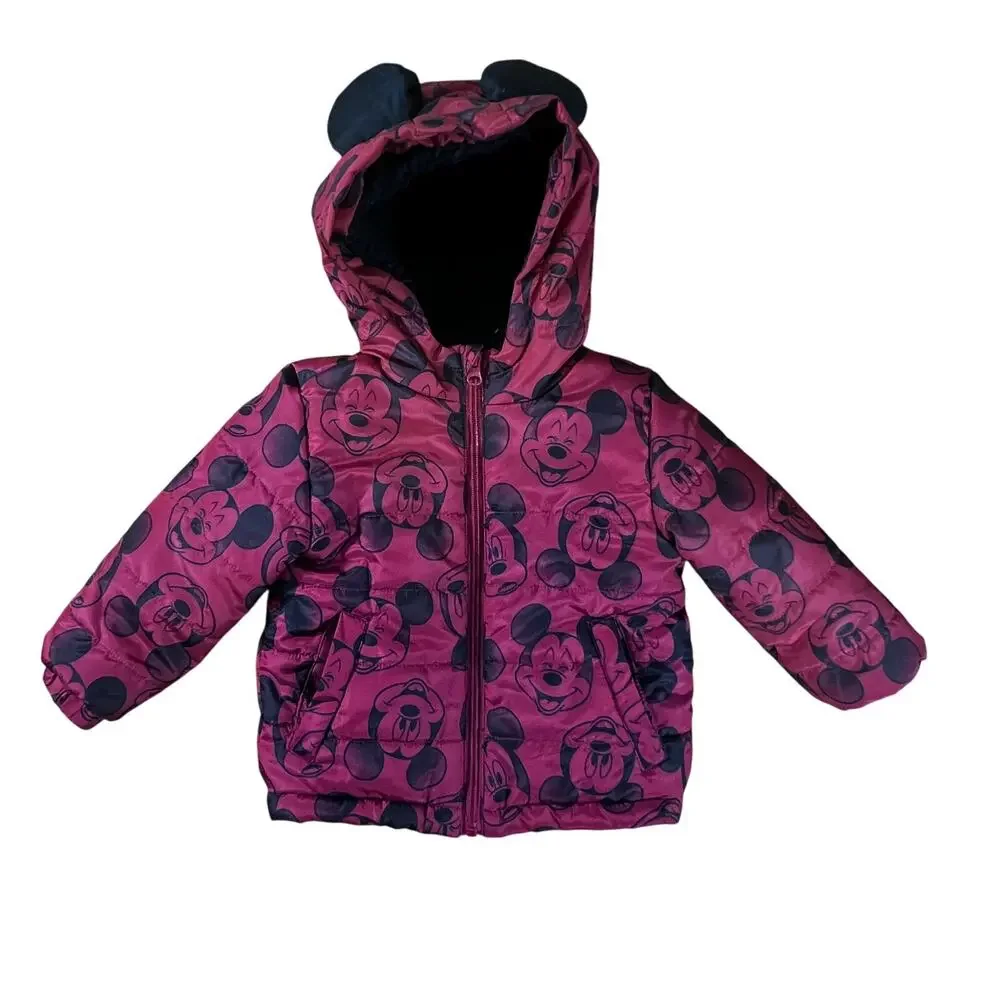 Disney Junior Mickey Puffer Coat Full Zip Hooded Mickey Ears Jacket Red/Black 2T